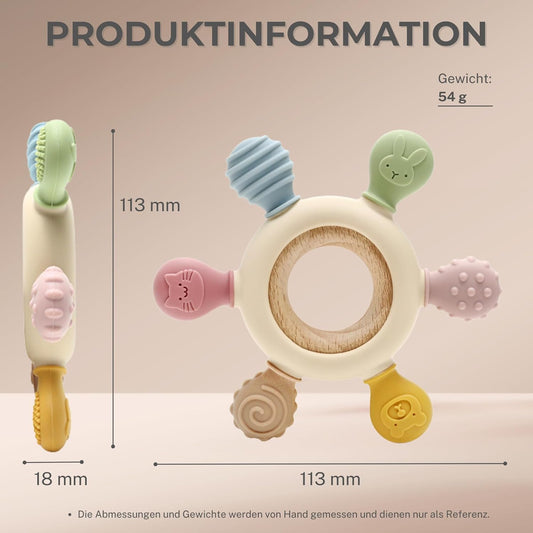 CAJA Beißring Baby - Beißspielzeug Zahnungshilfe Aus Silikon & Holz, Baby, Bpa-Frei, Tiermotive, Zahnen & Greifring Für Babys - Sicheres Spielzeug (Complexion)