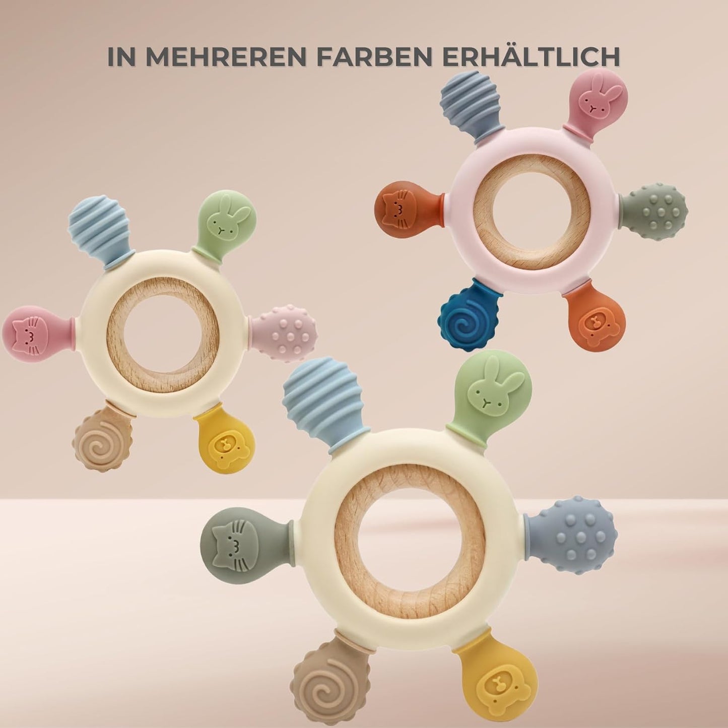 CAJA Beißring Baby - Beißspielzeug Zahnungshilfe Aus Silikon & Holz, Baby, Bpa-Frei, Tiermotive, Zahnen & Greifring Für Babys - Sicheres Spielzeug (Complexion)