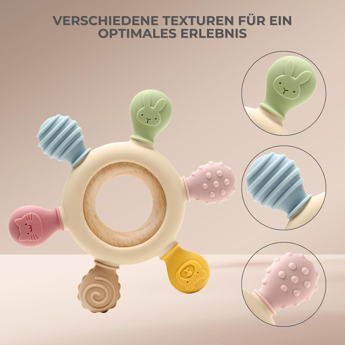 CAJA Beißring Baby - Beißspielzeug Zahnungshilfe Aus Silikon & Holz, Baby, Bpa-Frei, Tiermotive, Zahnen & Greifring Für Babys - Sicheres Spielzeug (Complexion)