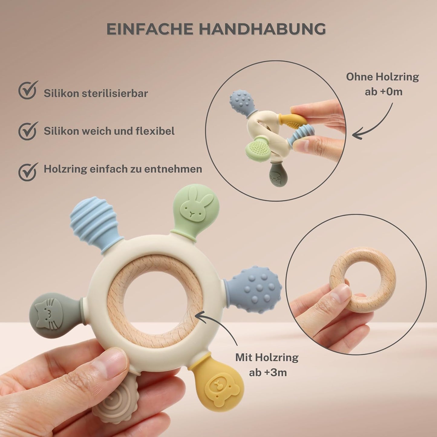 CAJA Beißring Baby - Beißspielzeug Zahnungshilfe Aus Silikon & Holz, Baby, Bpa-Frei, Tiermotive, Zahnen & Greifring Für Babys - Sicheres Spielzeug (Complexion)