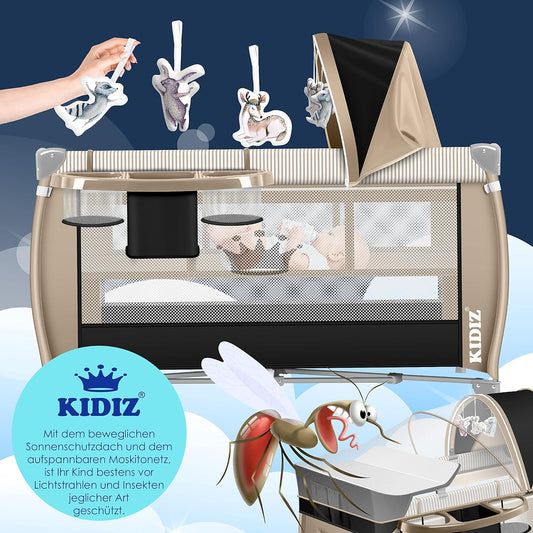 Kidiz® Babybett 3 in 1 Reisebett Kombi Set Baby Bett Mit Wickelauflage Moskitonetz Laufstall Baby Ab Geburt Bis 15 Kg Luftige Seitenwände Mit Seiteneingang Tragetasche Zusammenklappbar, Schwarz/Beige