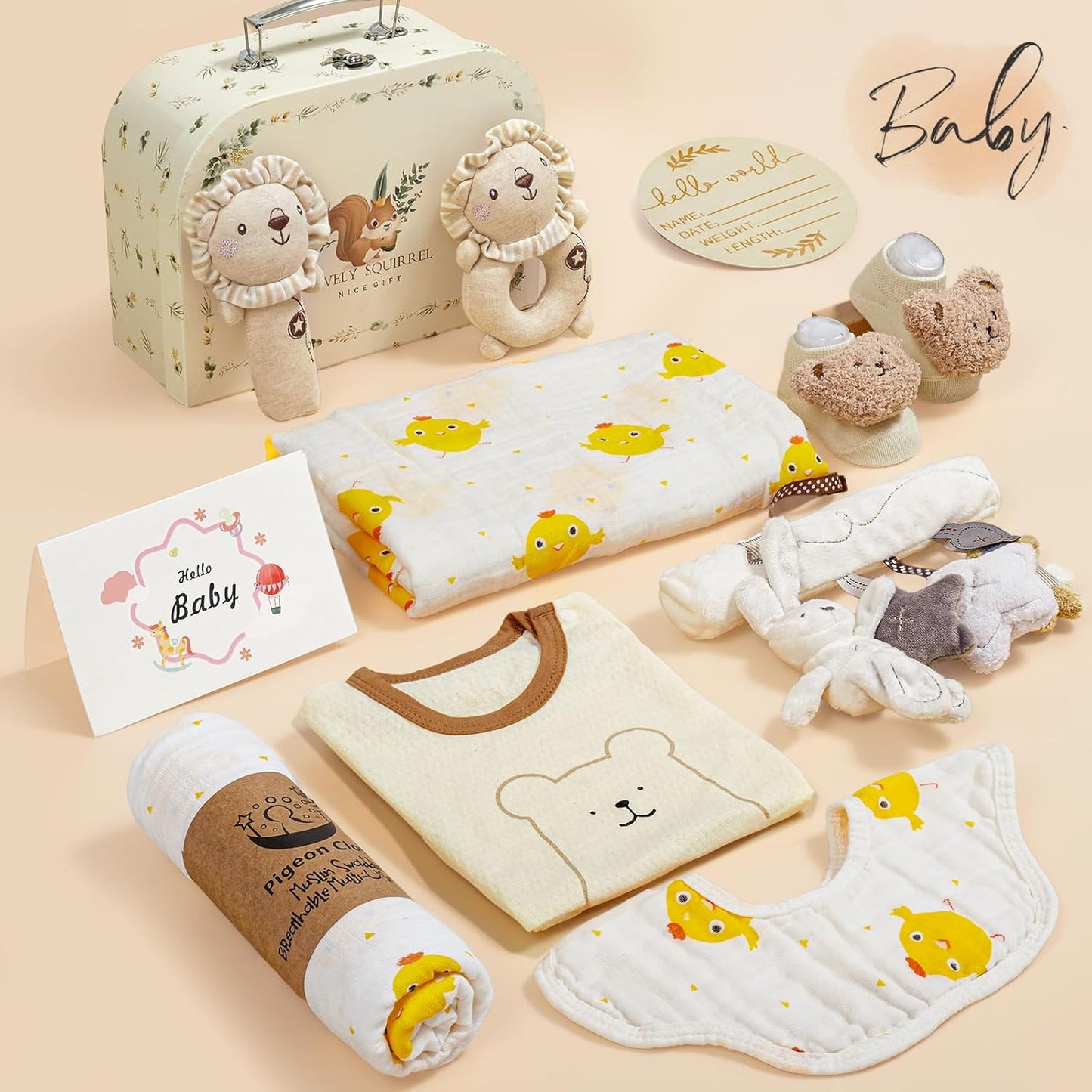 Baby Geschenk Jungen, Neugeborenen Geschenk Babygeschenke Zur Geburt Junge Mädchen Mit Baby Strampler Badetücher Lätzchen Socken Rassel Erinnerungsbox Grußkarten Baby Shower Party