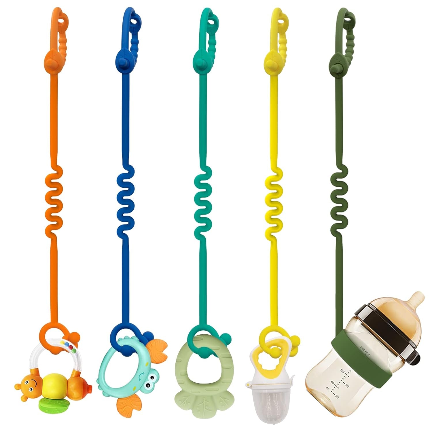 Schnullerkette Silikon – 5 Packungen Verstellbare Silikon-Kinderwagenkette Und Cup Catcher FÜR Kinderwagen, Hochstühle, Kinderbetten, Autositze (Mehrfarbig)