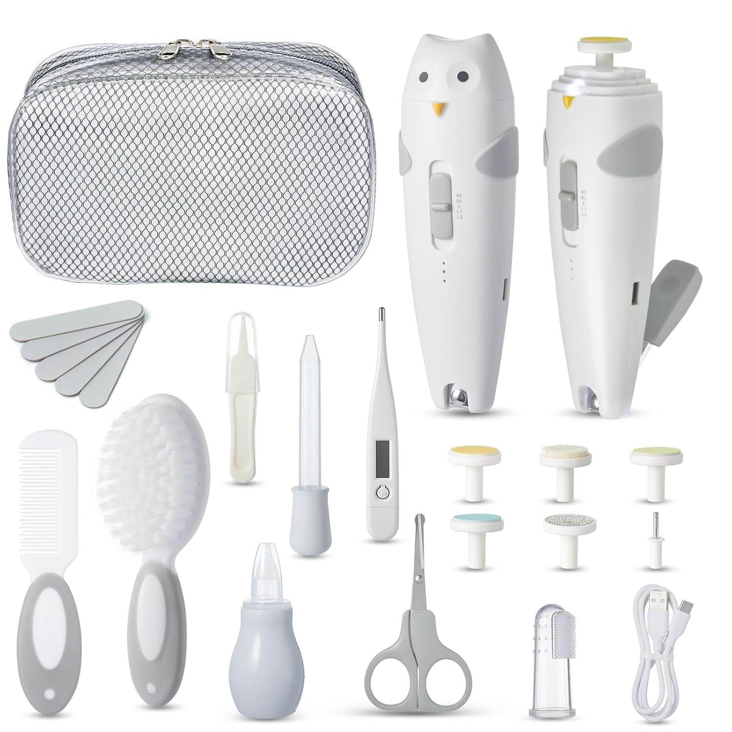 Lictin Baby Nagelfeile Elektrisch, Elektrische Nagelfeile Mit 6 Schleifkopf, 26 in 1 Baby Nagelset Mit LED Licht, Nagelpflegeset Elektrisch Für Babys, Kleinkind, Erwachsene, USB Laden, Grau