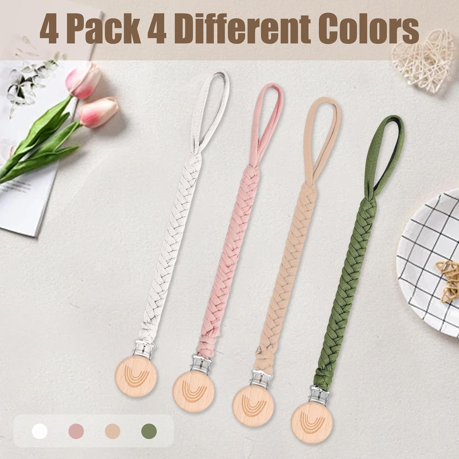 Schnullerkette Stoff 4 Stück Schnullerketten Baby Schnullerkette Clip, Schnullerband Schnuller Kette Geeignet Für Alle Schnuller Baby Beißspielzeug Lätzchen Dreieckstuch Schnuller Babyparty