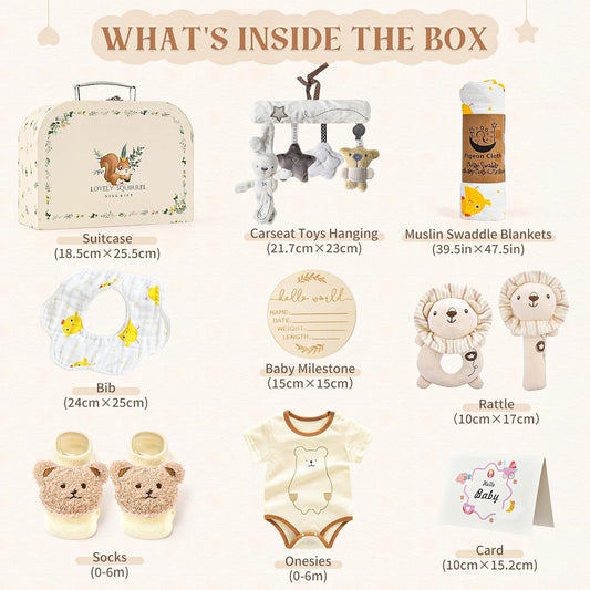 Baby Geschenk Jungen, Neugeborenen Geschenk Babygeschenke Zur Geburt Junge Mädchen Mit Baby Strampler Badetücher Lätzchen Socken Rassel Erinnerungsbox Grußkarten Baby Shower Party