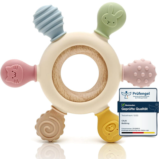 CAJA Beißring Baby - Beißspielzeug Zahnungshilfe Aus Silikon & Holz, Baby, Bpa-Frei, Tiermotive, Zahnen & Greifring Für Babys - Sicheres Spielzeug (Complexion)