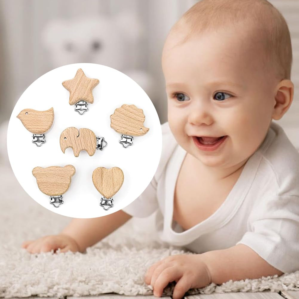 6 Stück Schnullerclip Holz Set