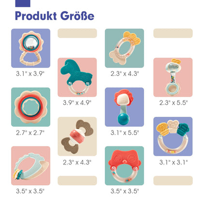 Hahaland Rassel Beißring Baby Set, Silikon Baby Spielzeug Ab 3 6 9 Monate, 10 PCS Shaker Helfen Baby Beim Zahnen Und Greifen, Bpa-Frei Beissring Sensorik Spielzeug Für Neugeborene Kleinkinder Geschenk