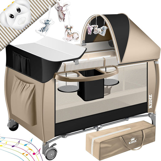 Kidiz® Babybett 3 in 1 Reisebett Kombi Set Baby Bett Mit Wickelauflage Moskitonetz Laufstall Baby Ab Geburt Bis 15 Kg Luftige Seitenwände Mit Seiteneingang Tragetasche Zusammenklappbar, Schwarz/Beige