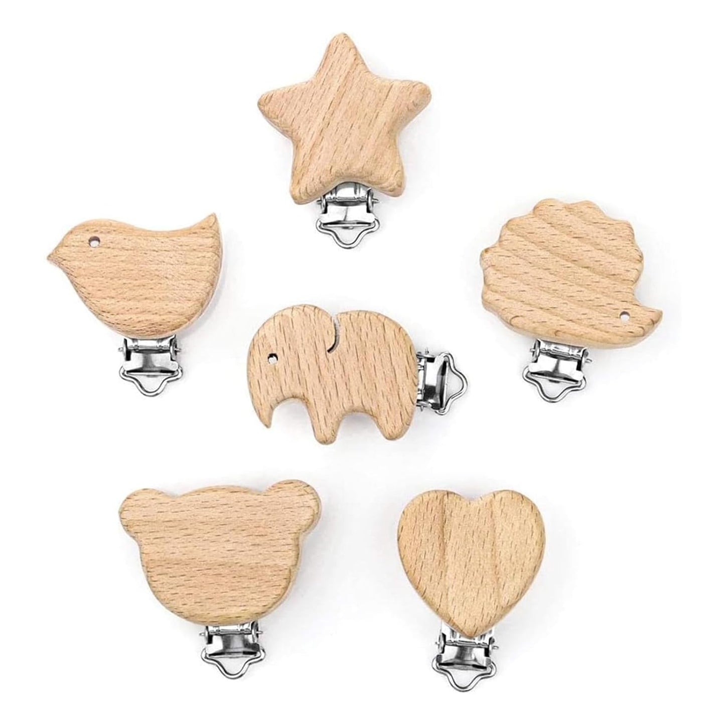 6 Stück Schnullerclip Holz Set