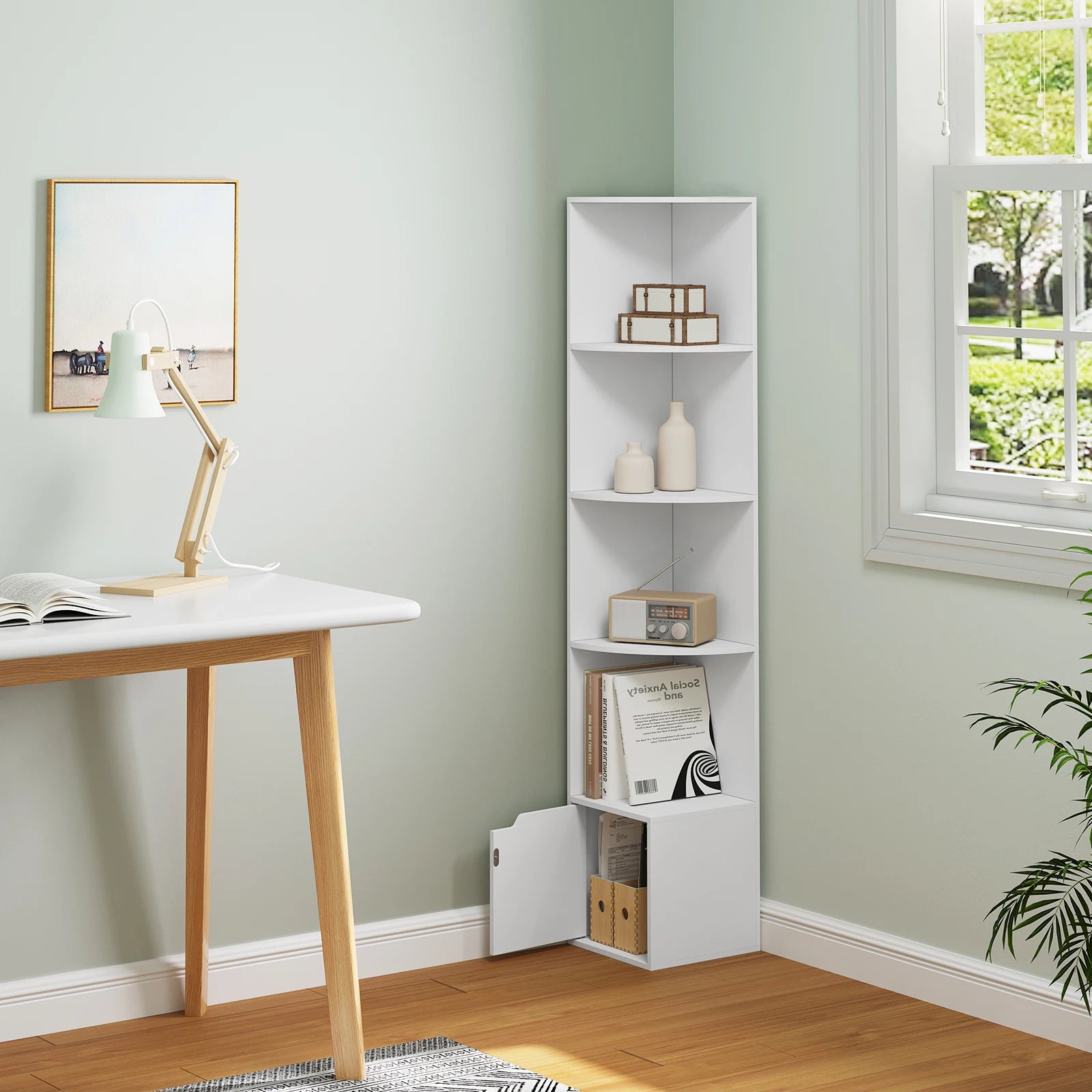 WOLTU 5 Tier Bookcase Standing Corner Shelf Storage White Bookshelf 1 Cupboard with Door for Study Bedroom Living Room Office