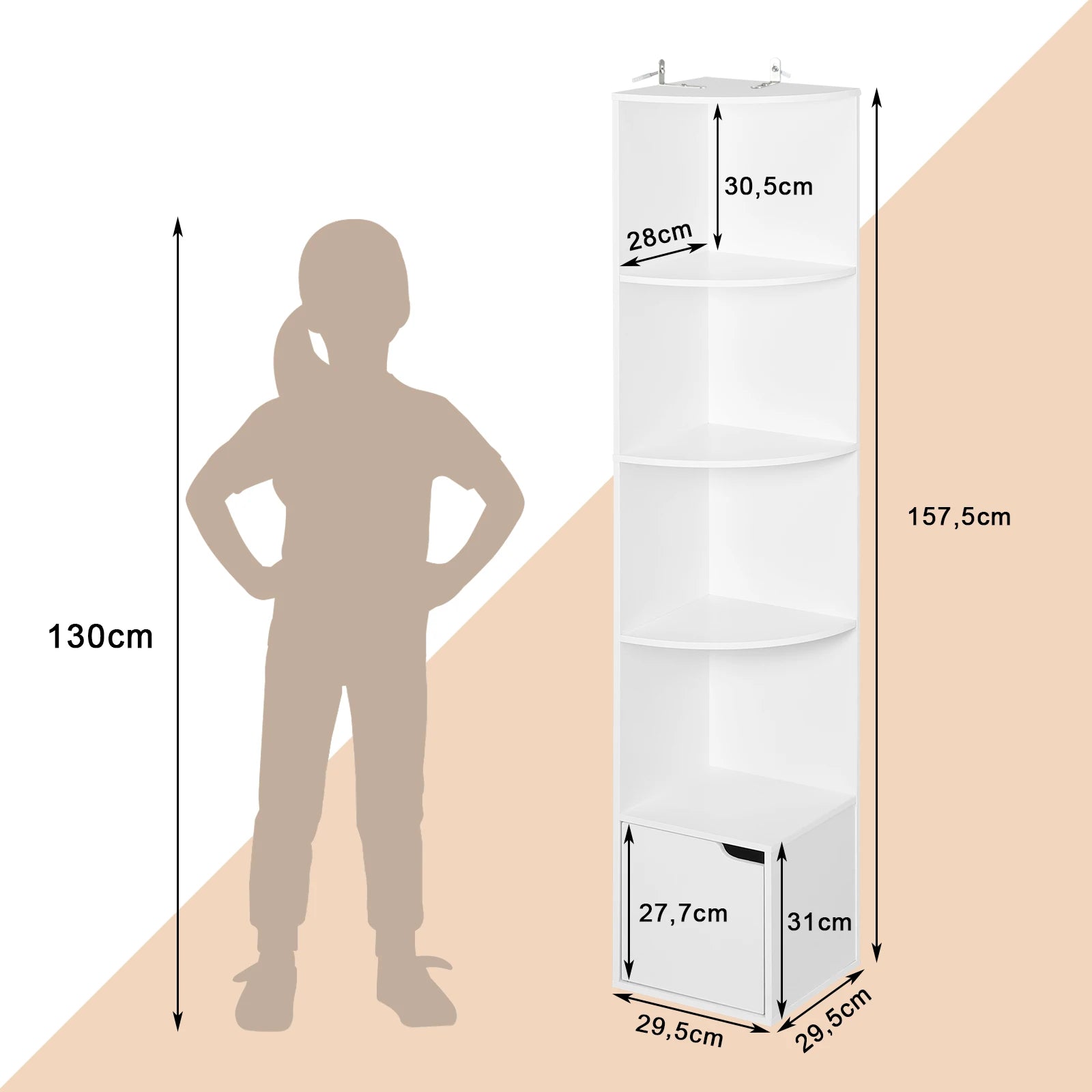 WOLTU 5 Tier Bookcase Standing Corner Shelf Storage White Bookshelf 1 Cupboard with Door for Study Bedroom Living Room Office