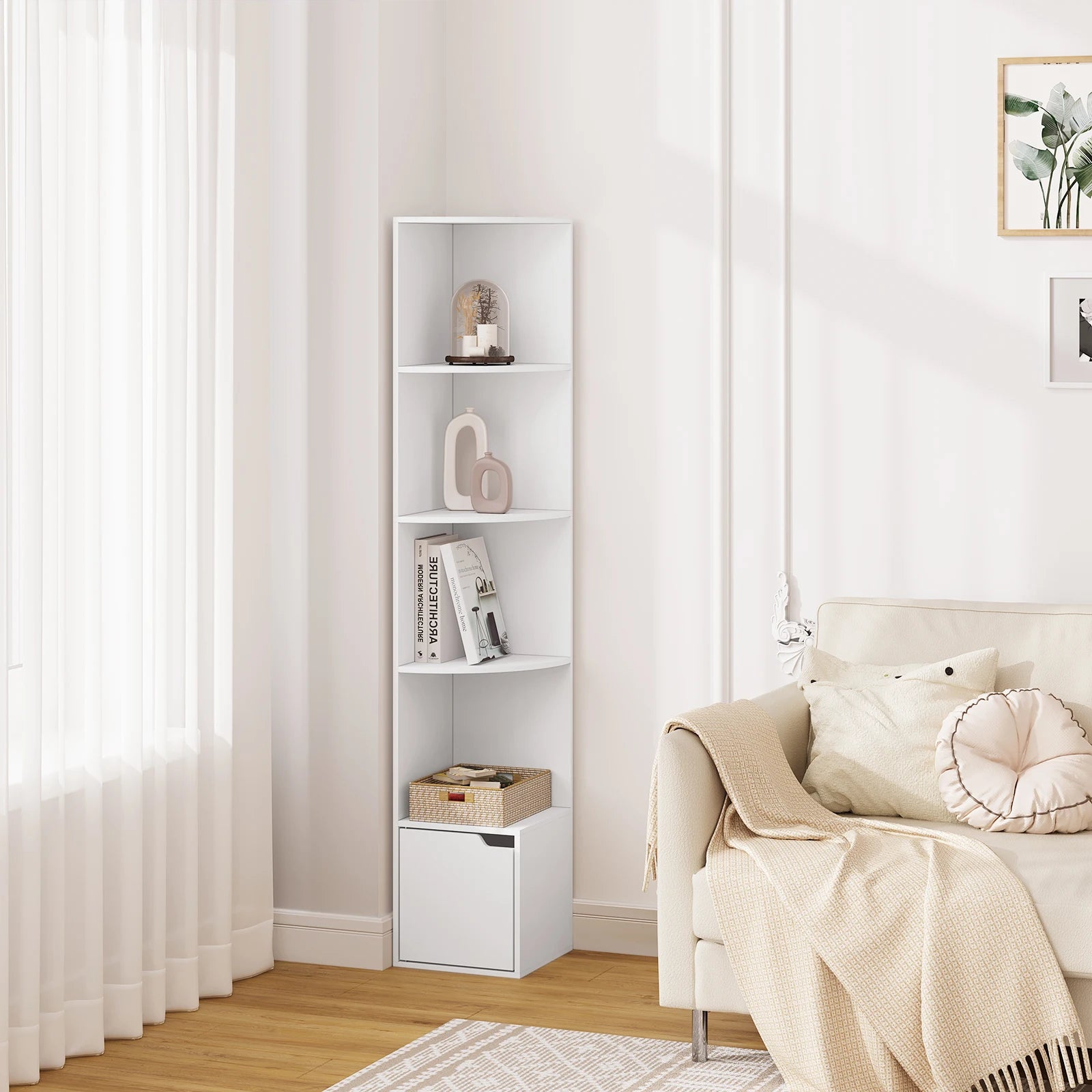 WOLTU 5 Tier Bookcase Standing Corner Shelf Storage White Bookshelf 1 Cupboard with Door for Study Bedroom Living Room Office