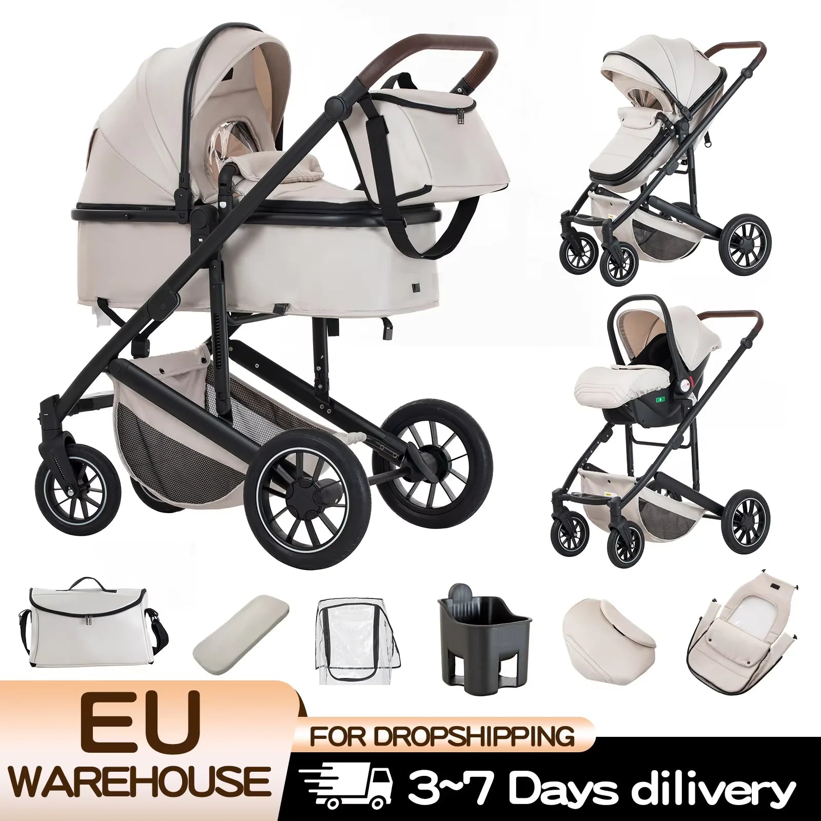 Baby Stroller 3 in 1 Portable Travel Baby Carriage Luxurious Fold Pram High Landscape Aluminum Frame Newborn Infant Stroller