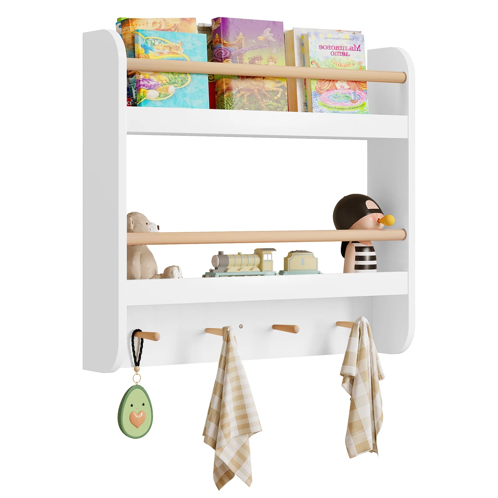 WOLTU Children's Bookshelf Kids Wall Shelf 60x12x55cm Toy Storage Rack Children Bookcase with 2 Shelves 4 Hooks for Kindergarten