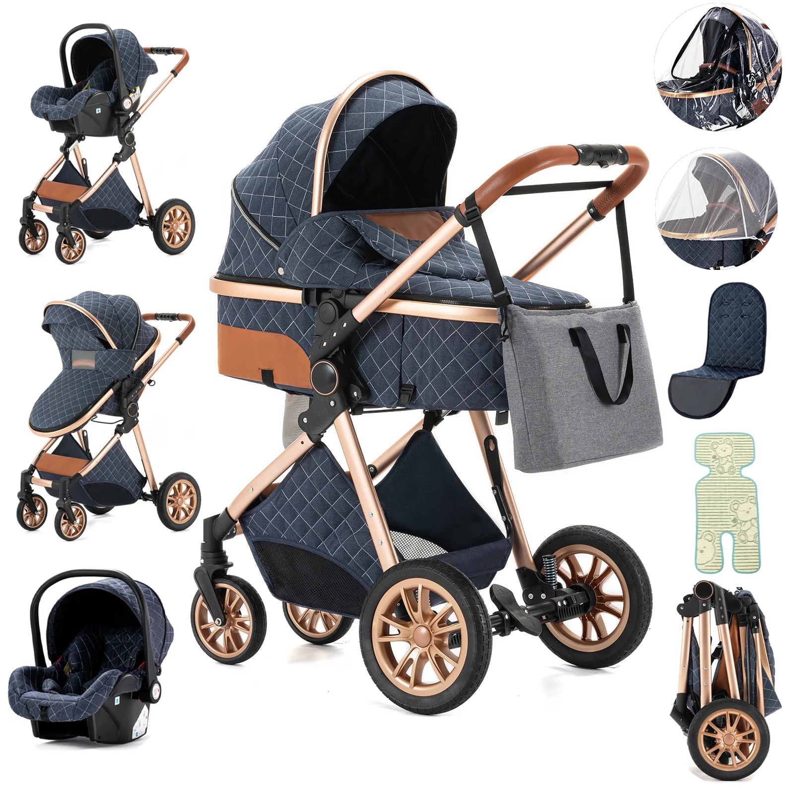 3 in 1 Baby stroller Baby carriage Portable luxurious travel pram High landscape newborn baby stroller with baby carrier