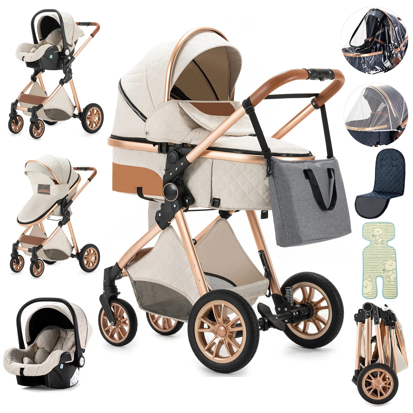 3 in 1 Baby stroller Baby carriage Portable luxurious travel pram High landscape newborn baby stroller with baby carrier