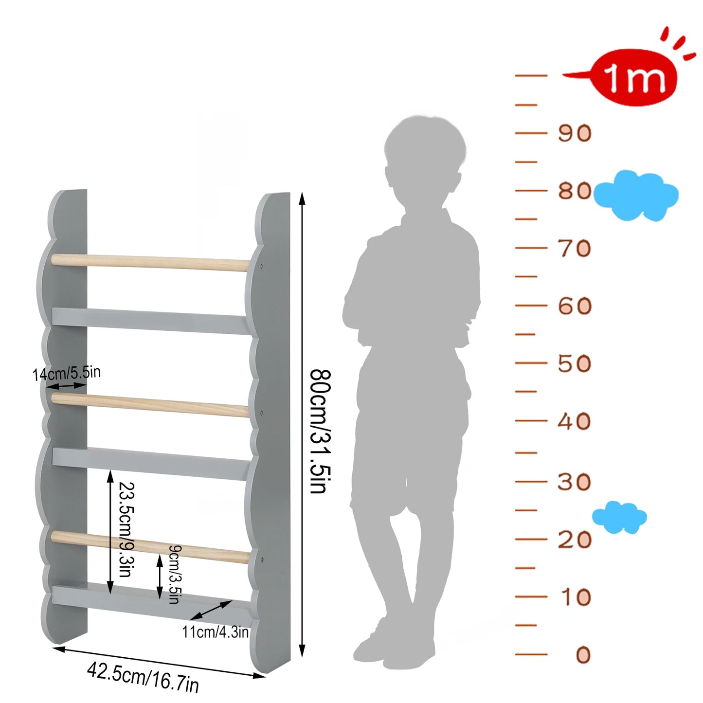 Kinder-Wandregal mit 4 Ablagen