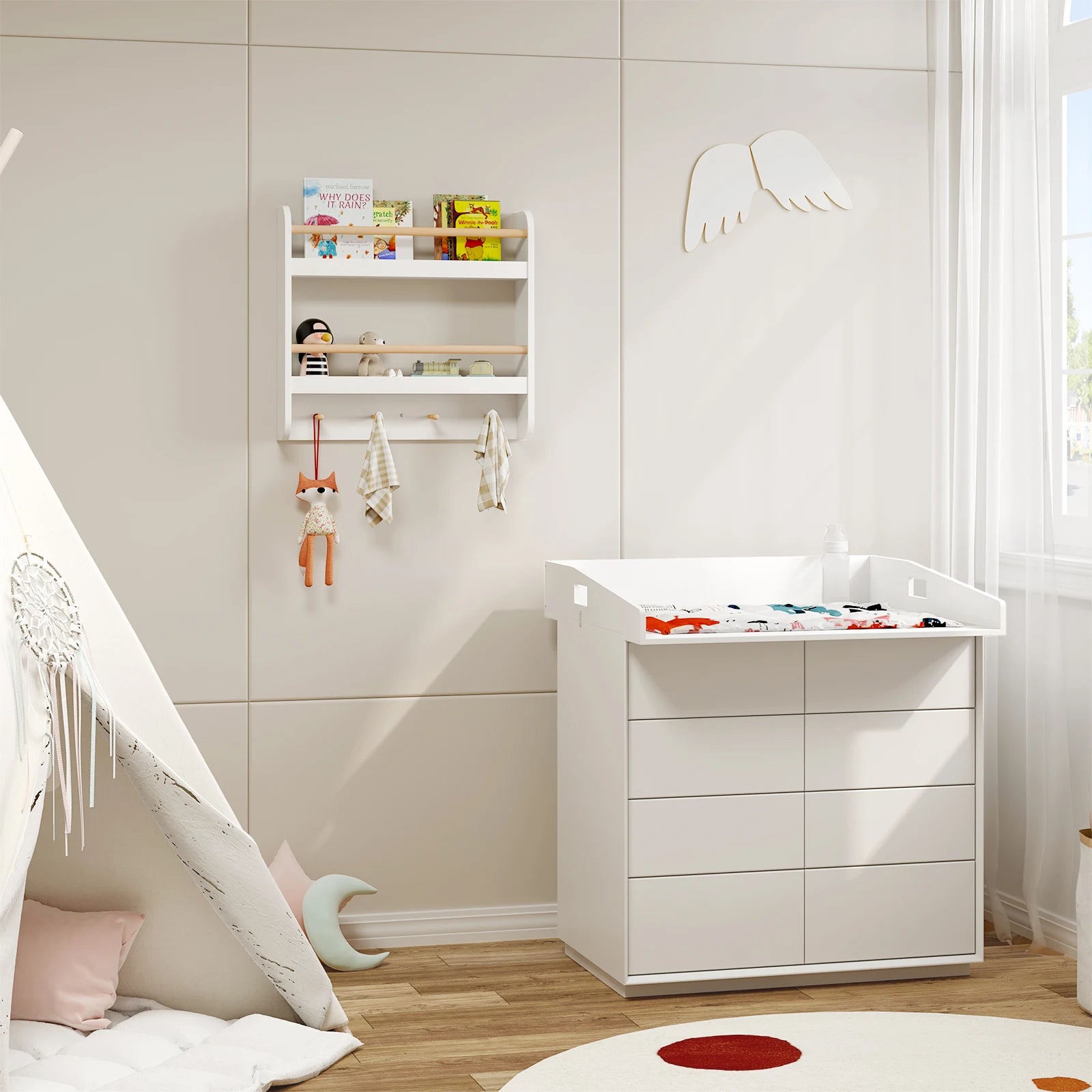 WOLTU Children's Bookshelf Kids Wall Shelf 60x12x55cm Toy Storage Rack Children Bookcase with 2 Shelves 4 Hooks for Kindergarten