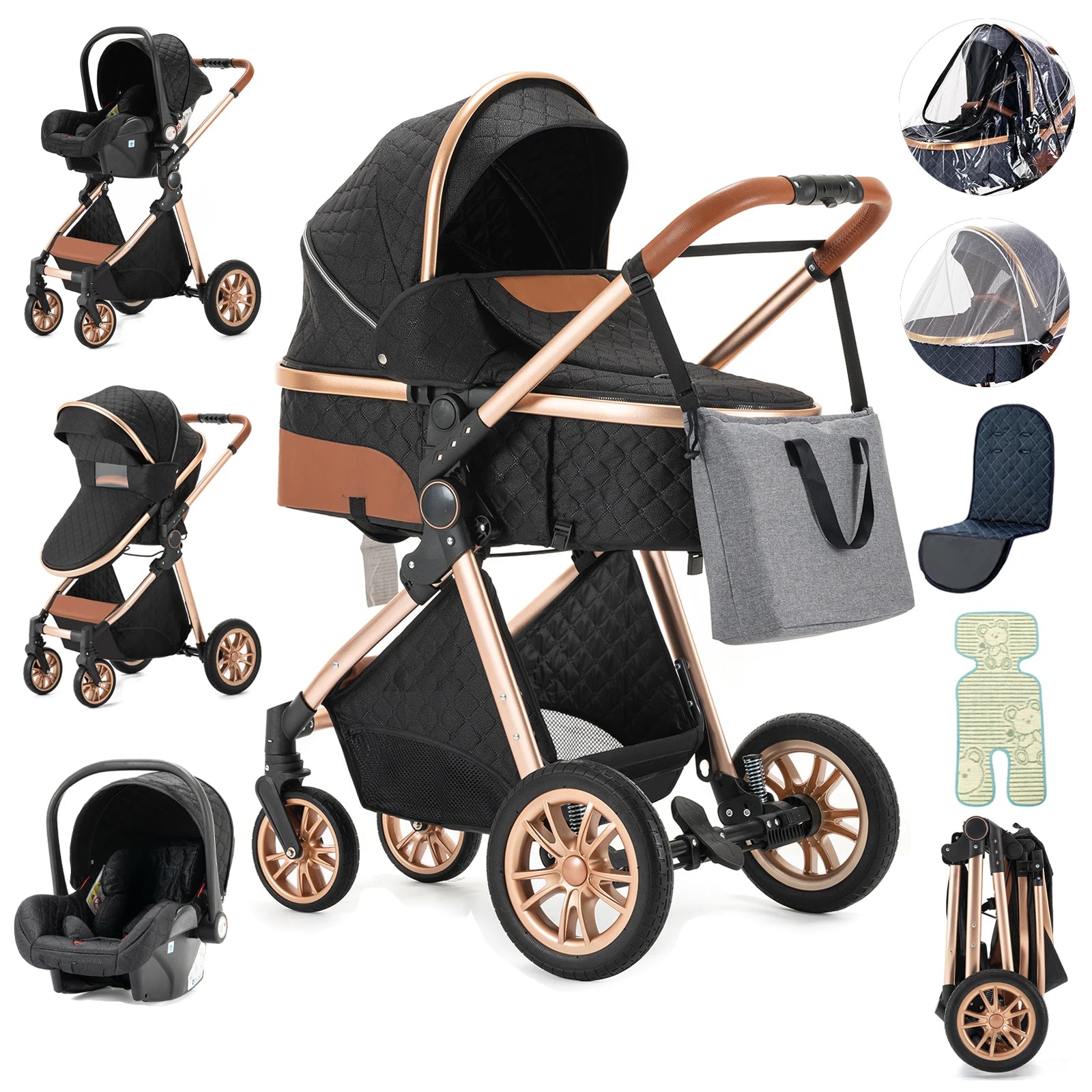 3 in 1 Baby stroller Baby carriage Portable luxurious travel pram High landscape newborn baby stroller with baby carrier