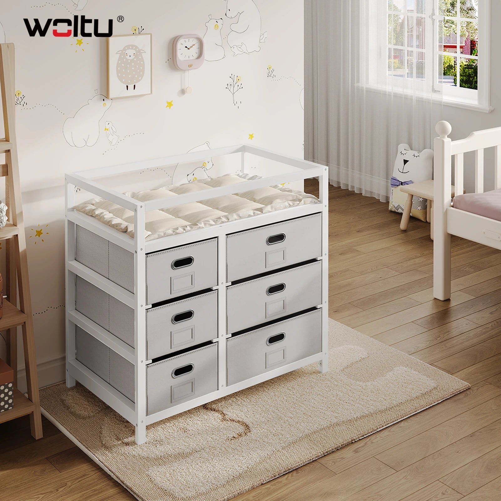 WOLTU Changing Table for Dresser Cabinet Baby Changing Dresser with 6 Fabric Drawers 86.5x84x52cm Changing Mat Tray Mattress