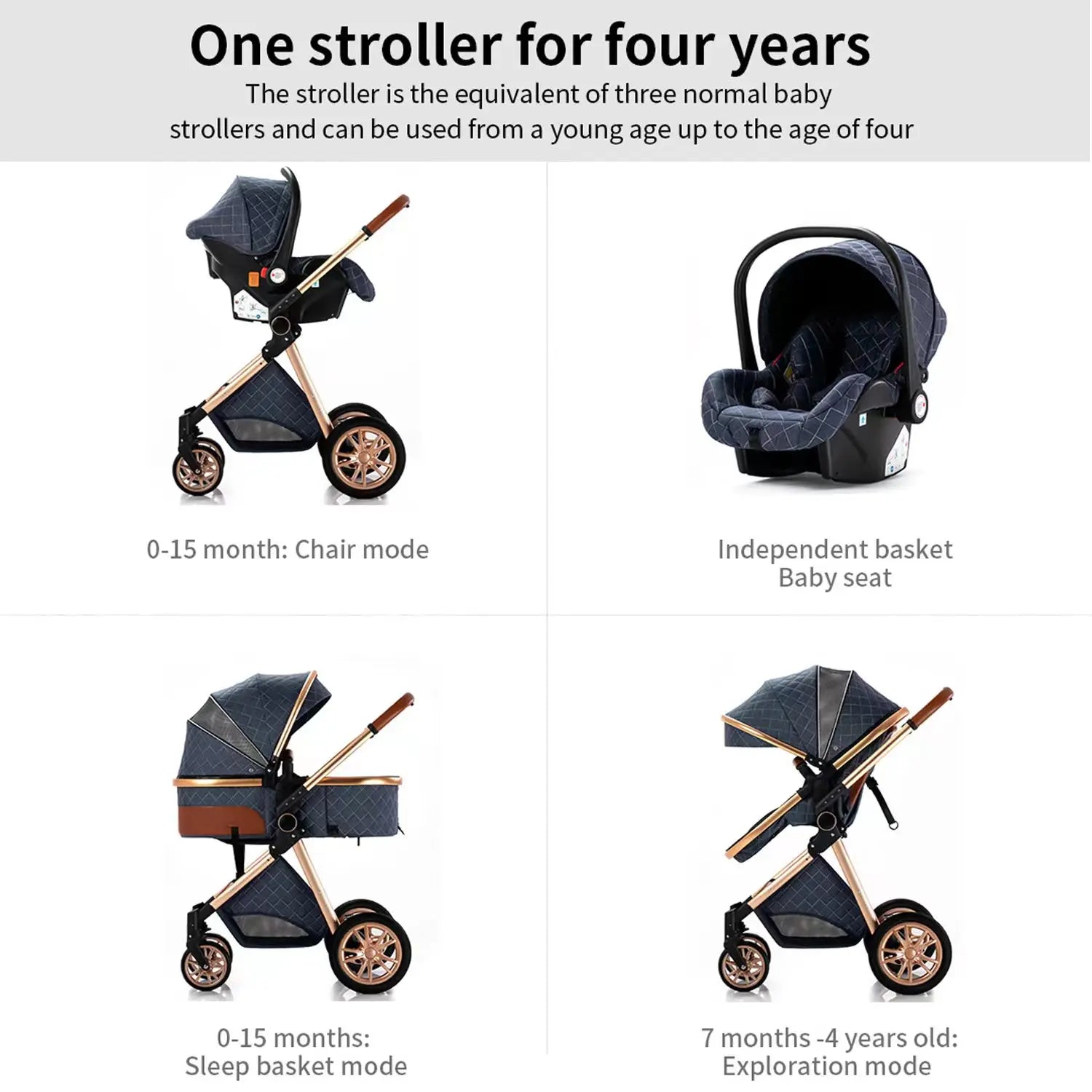 3 in 1 Baby stroller Baby carriage Portable luxurious travel pram High landscape newborn baby stroller with baby carrier