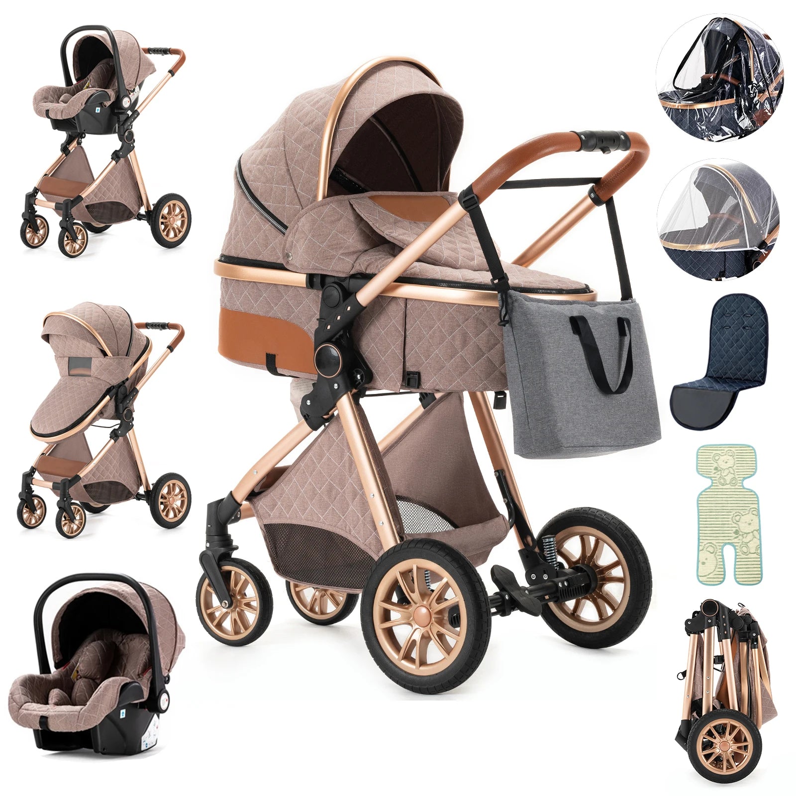 3 in 1 Baby stroller Baby carriage Portable luxurious travel pram High landscape newborn baby stroller with baby carrier