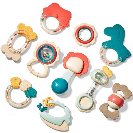 Hahaland Rassel Beißring Baby Set, Silikon Baby Spielzeug Ab 3 6 9 Monate, 10 PCS Shaker Helfen Baby Beim Zahnen Und Greifen, Bpa-Frei Beissring Sensorik Spielzeug Für Neugeborene Kleinkinder Geschenk