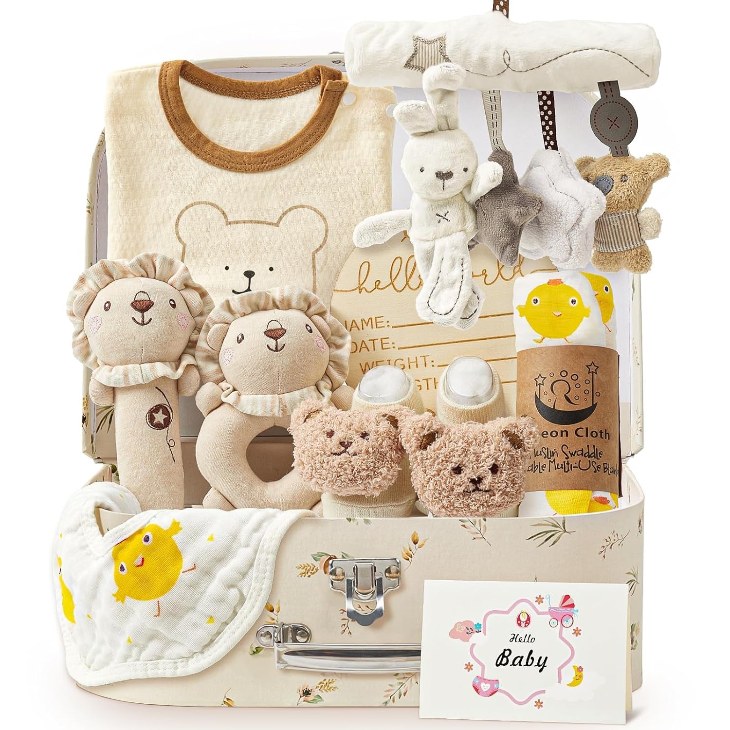 Baby Geschenk Jungen, Neugeborenen Geschenk Babygeschenke Zur Geburt Junge Mädchen Mit Baby Strampler Badetücher Lätzchen Socken Rassel Erinnerungsbox Grußkarten Baby Shower Party