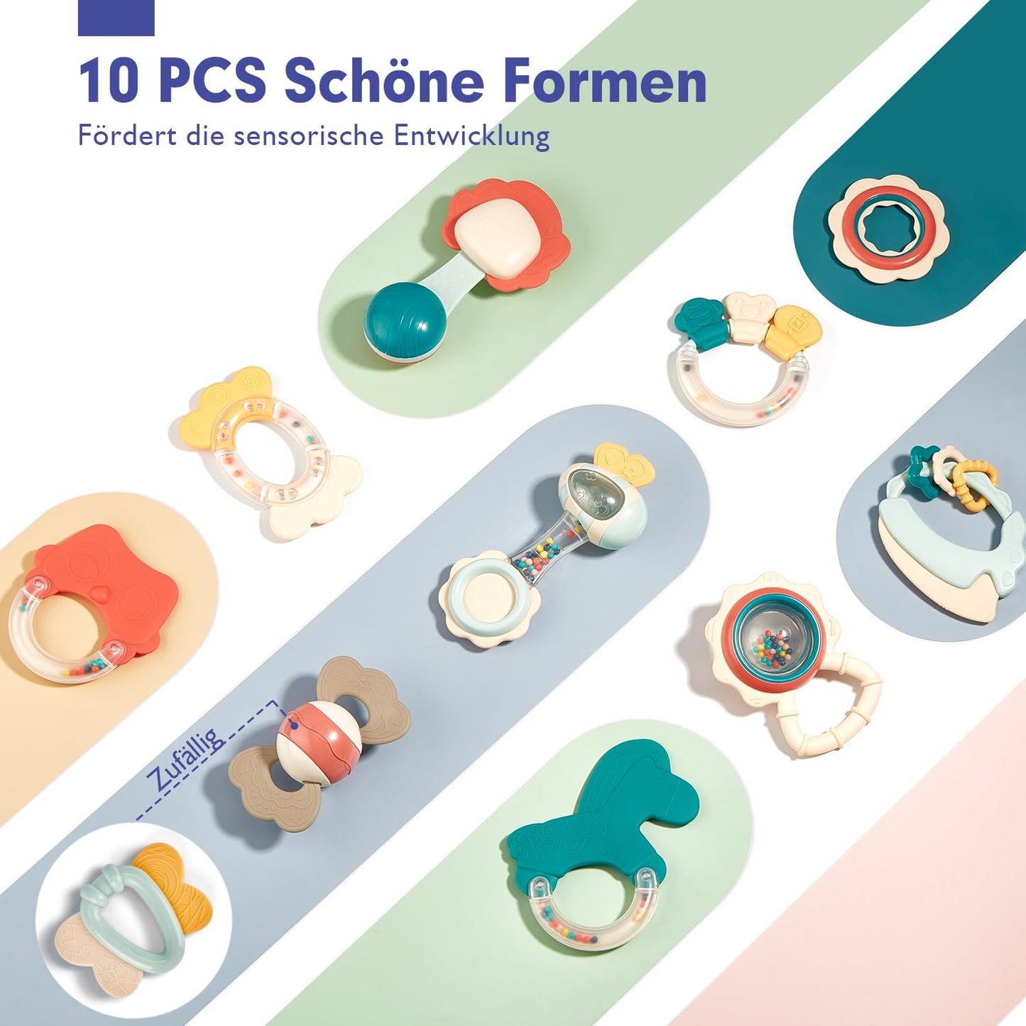 Hahaland Rassel Beißring Baby Set, Silikon Baby Spielzeug Ab 3 6 9 Monate, 10 PCS Shaker Helfen Baby Beim Zahnen Und Greifen, Bpa-Frei Beissring Sensorik Spielzeug Für Neugeborene Kleinkinder Geschenk