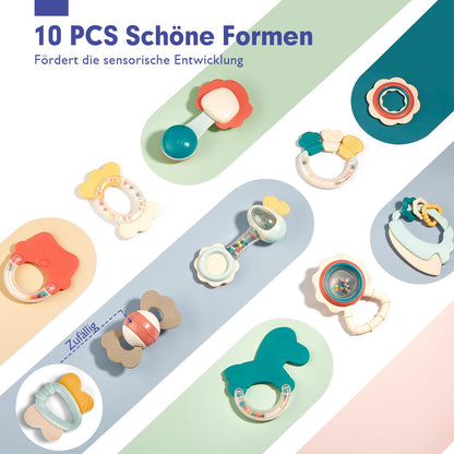 Hahaland Rassel Beißring Baby Set, Silikon Baby Spielzeug Ab 3 6 9 Monate, 10 PCS Shaker Helfen Baby Beim Zahnen Und Greifen, Bpa-Frei Beissring Sensorik Spielzeug Für Neugeborene Kleinkinder Geschenk